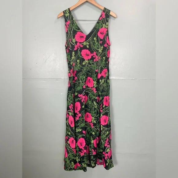 Anthropologie Maeve Ruched Midi Dress Floral Black Pink Slit Women Sz 14 - Picture 6 of 10
